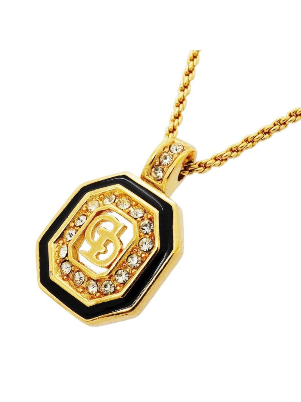 Dior Necklace CD Logo Gold Plated Rhinestone Black